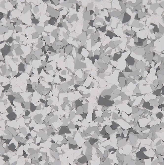 Gray and white speckled flooring, possibly epoxy or coated concrete.