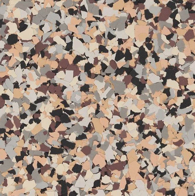 Terrazzo-style floor with tan, gray, brown, and black chips.