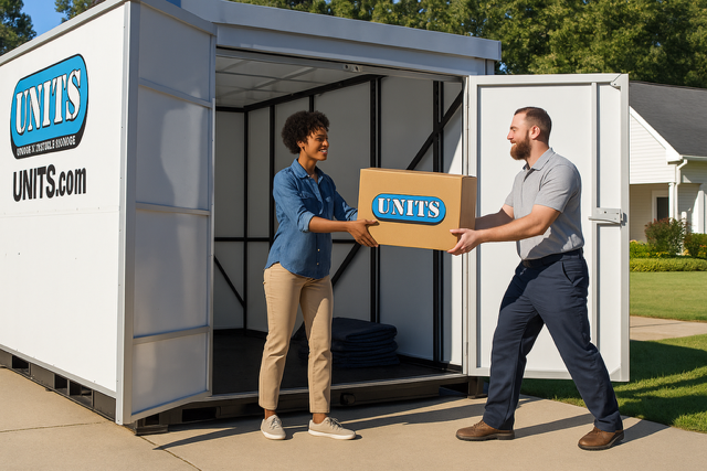 A man is giving a box to a woman in front of a units container.