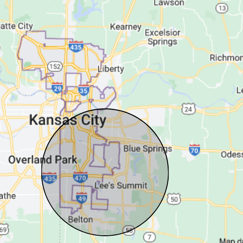 A map of kansas city with a circle around it