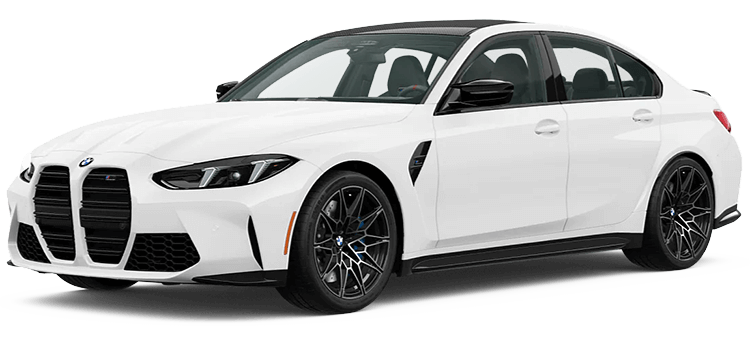 A white bmw m3 is shown on a white background.