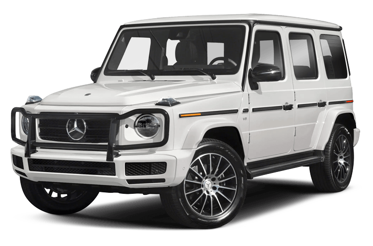 A white mercedes benz g class is shown on a white background.