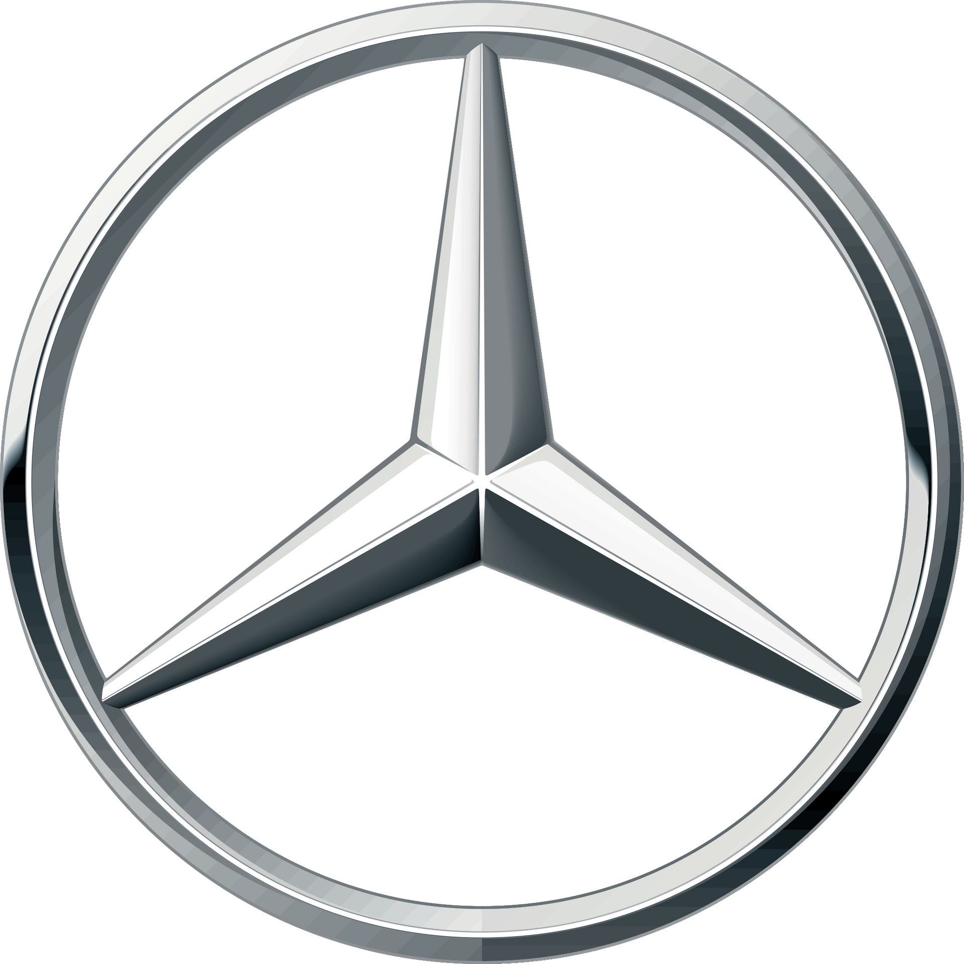 A silver mercedes logo on a white background