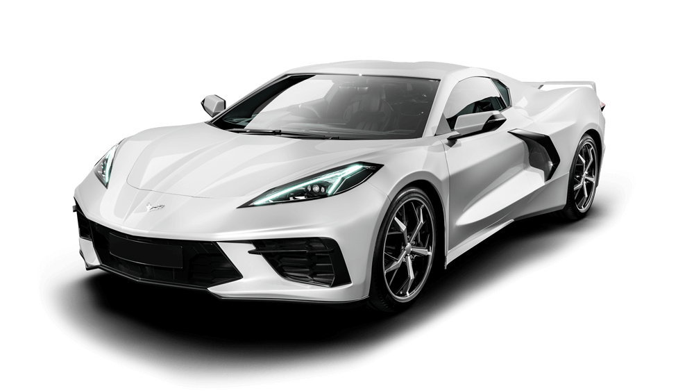 A white corvette c8 sports car is shown on a white background.