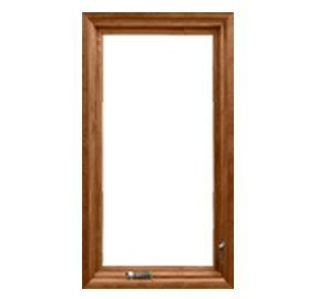A wooden window frame with a white background.