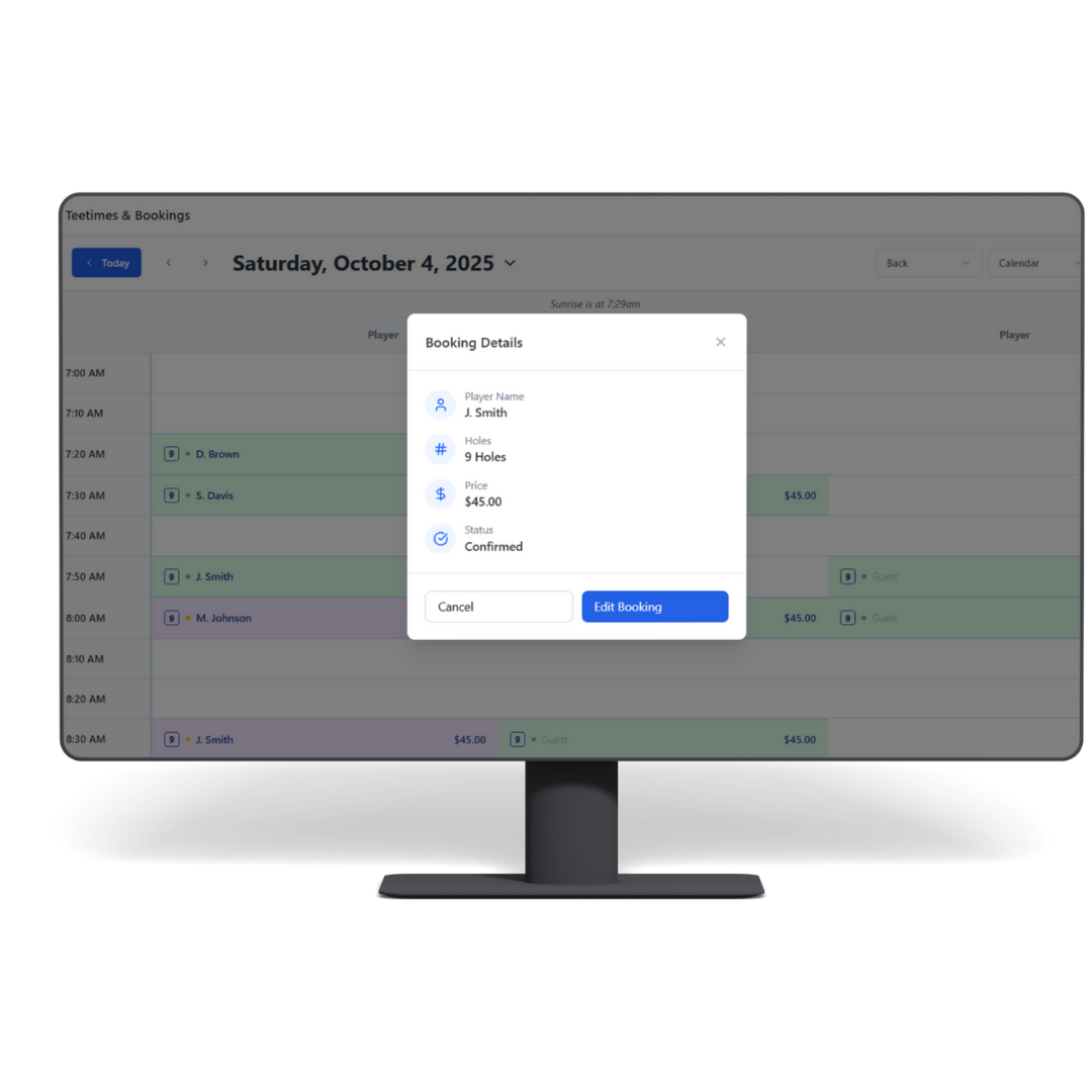 A desktop monitor displaying a software calendar booking interface with a pop-up modal showing appointment details.