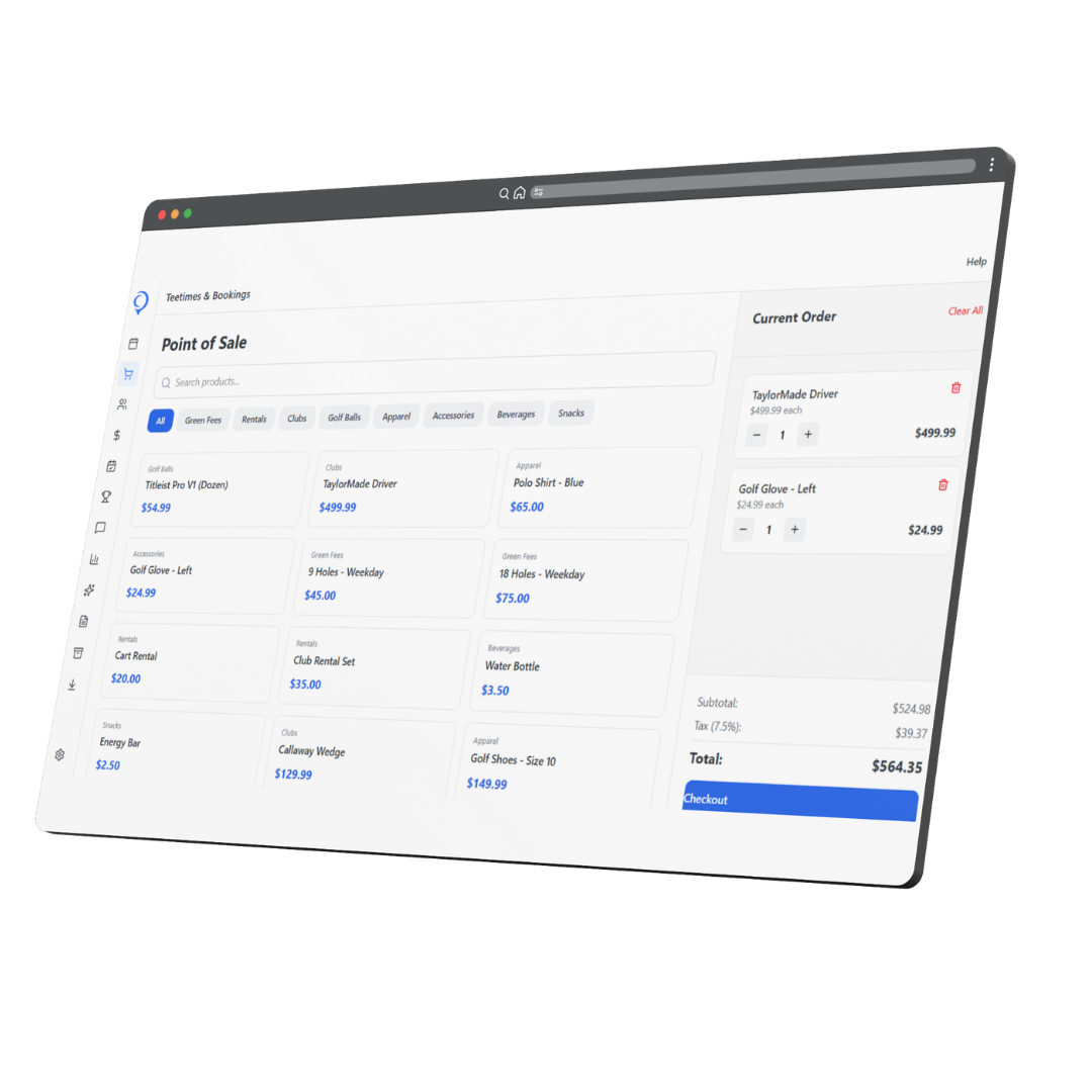 A digital Point of Sale (POS) interface on a screen showing a product catalog, a shopping cart, and checkout total.