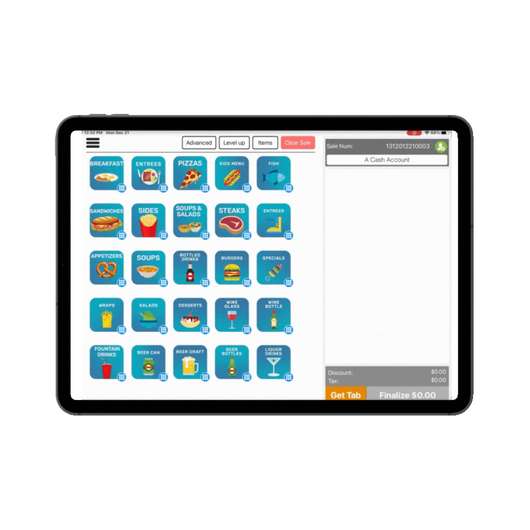Tablet screen displaying a restaurant point-of-sale interface with a grid of menu item icons and an empty order sidebar.