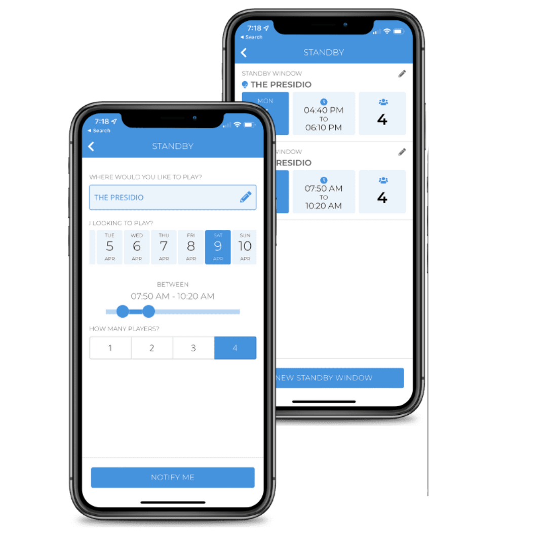Two smartphones showing a golf mobile app interface with date, time, and meal settings on a blue and white background.