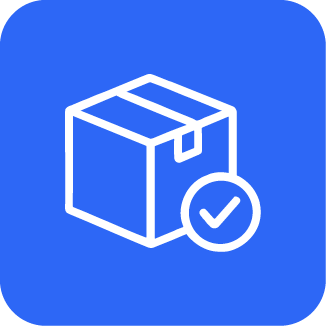 White outlined box with checkmark on a blue background, symbolizing a completed order or delivery.