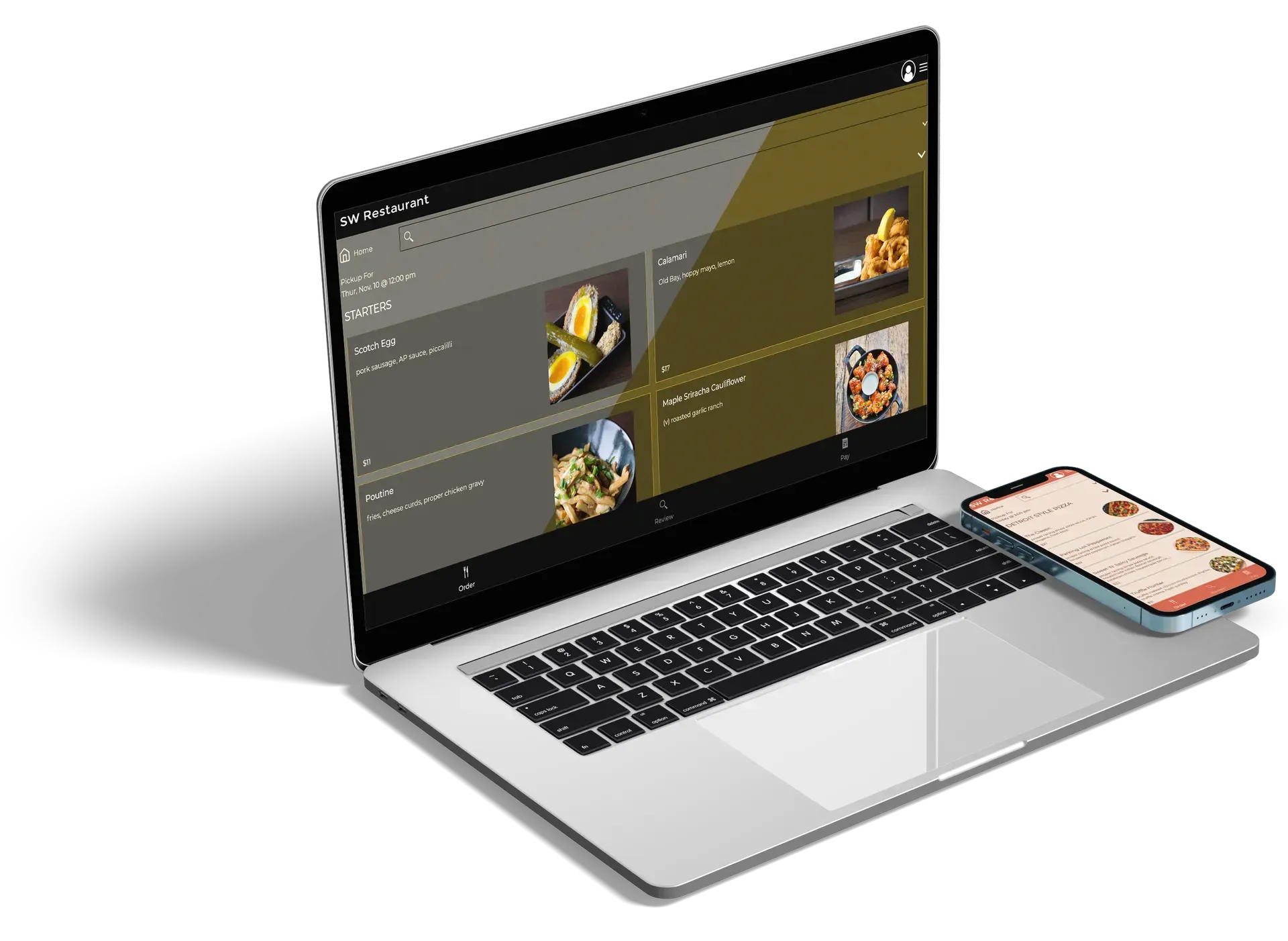 A laptop and smartphone displaying Silverware food and beverage ordering software, set against a plain white background.