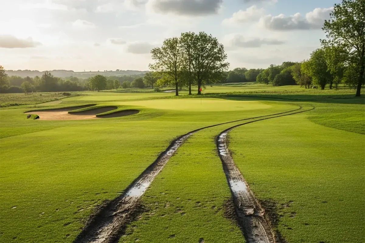 Golf course with muddy tire tracks