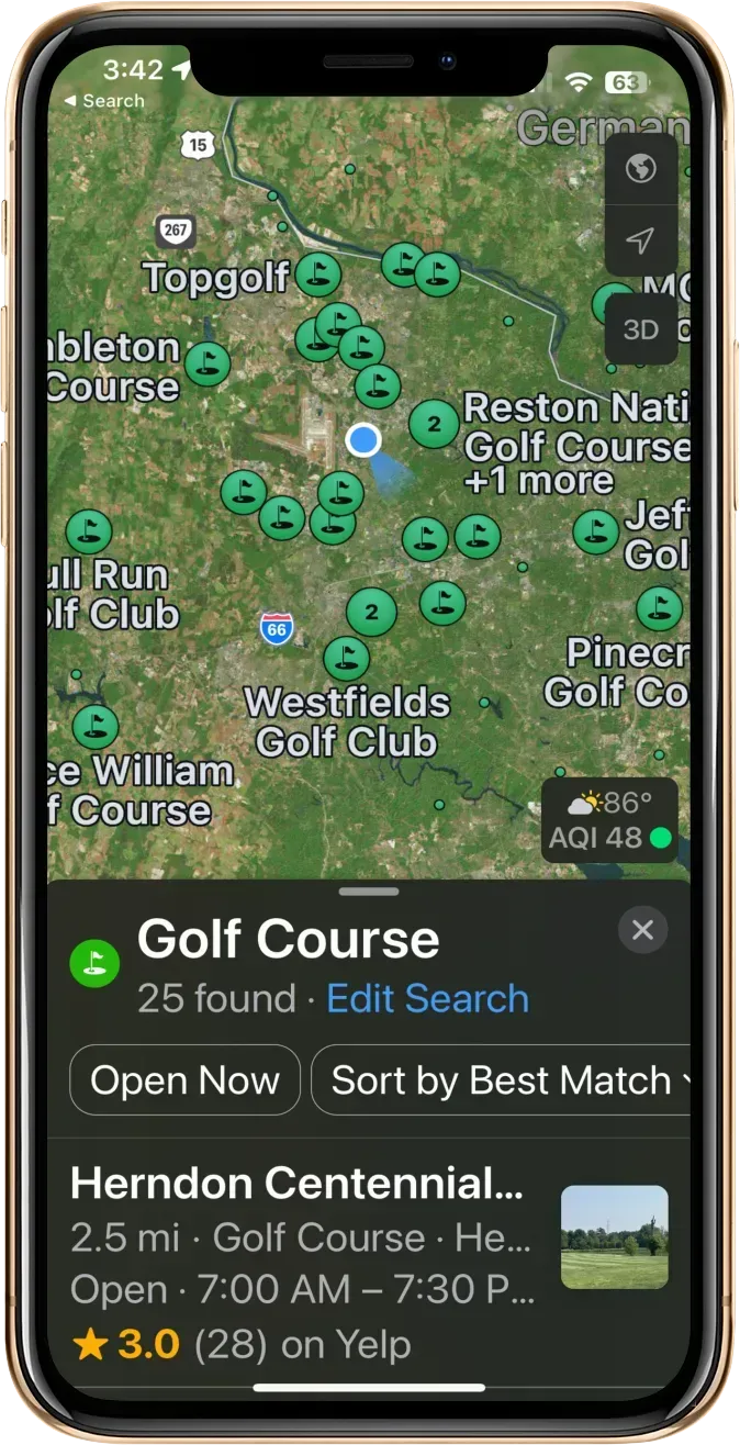Mobile phone with map of local golf courses