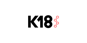 Logo of the company K18; black text with a series of red circles.