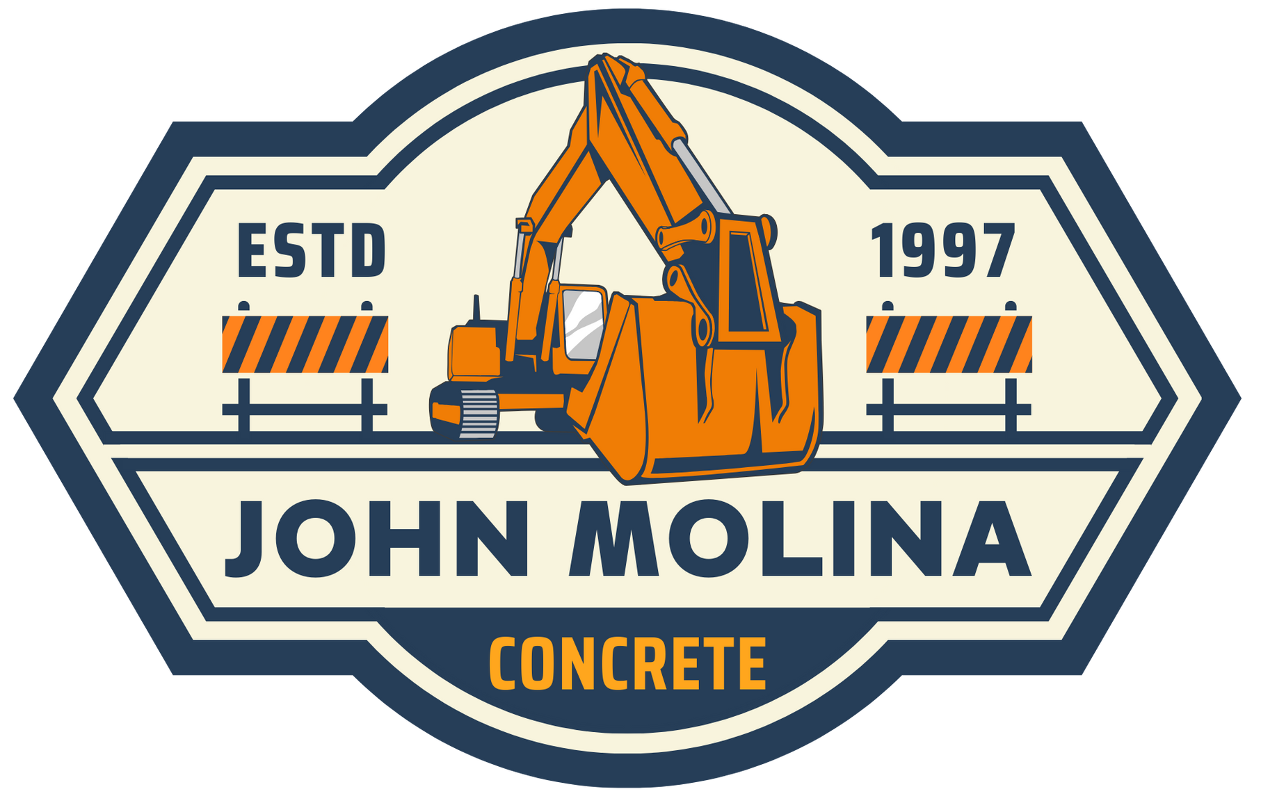 Logo for John Molina Concrete: Orange excavator, two orange/black barriers, blue/beige geometric frame.