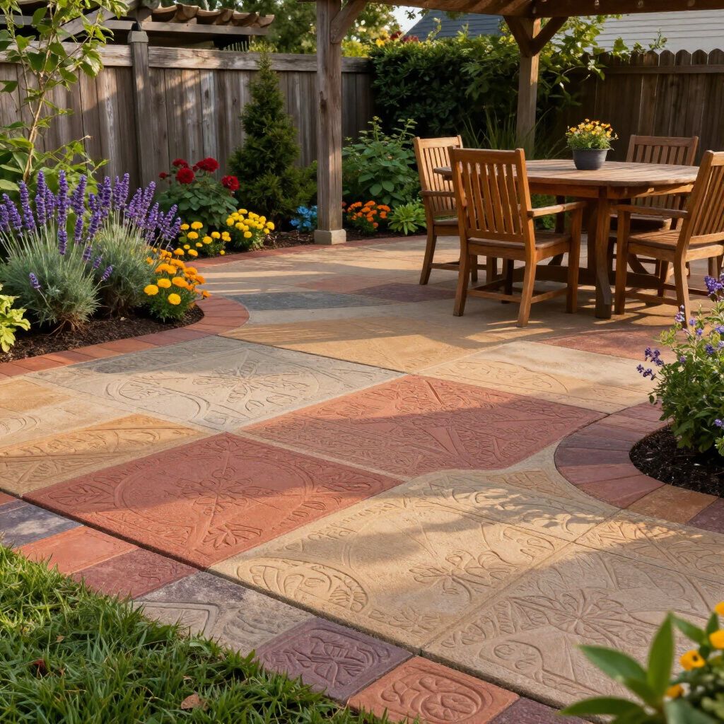 Patio with colorful pavers, wooden furniture, flowers, and a wooden pergola in a garden setting.