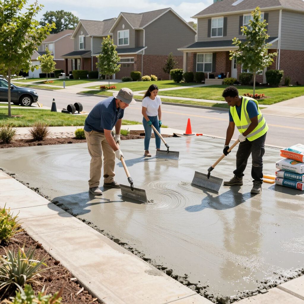 Three people spread wet concrete on a driveway. Houses and a car are in the background.