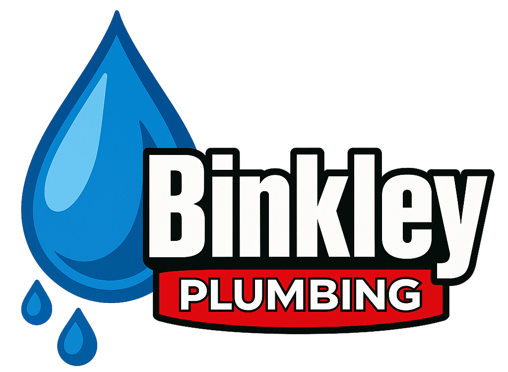 A logo for binkley plumbing with a blue drop of water.
