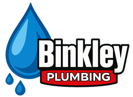 A logo for Binkley plumbing company with a fire coming out of it.