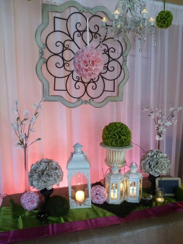 A table with lanterns flowers and a chandelier on it
