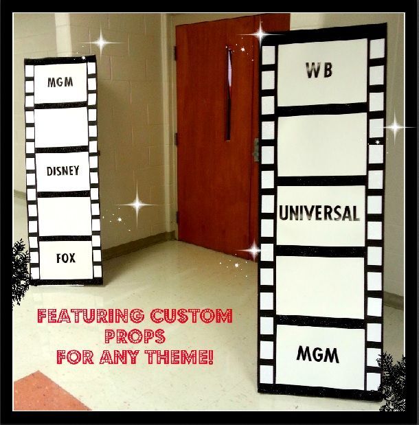 A picture of film strips with the words featuring custom props for any theme