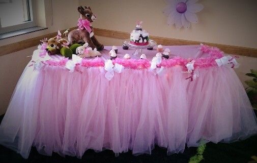 A table with a pink tulle skirt and a cake on it