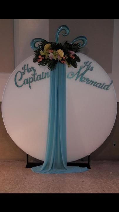 A white circle with the words