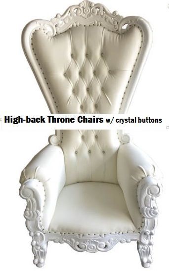 A white high back throne chair with crystal buttons