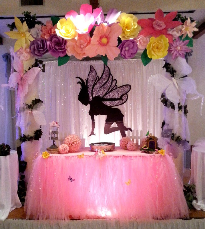 A pink table with a fairy silhouette on it