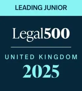 Legal500 Leading Junior United Kingdom 2025 logo in teal and white on a dark teal background.