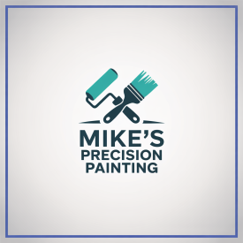 Logo: turquoise paint roller and brush crossed, "Mike's Precision Painting" text, white background.