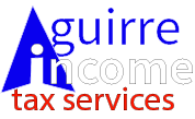 A blue and white logo for guirre income tax services