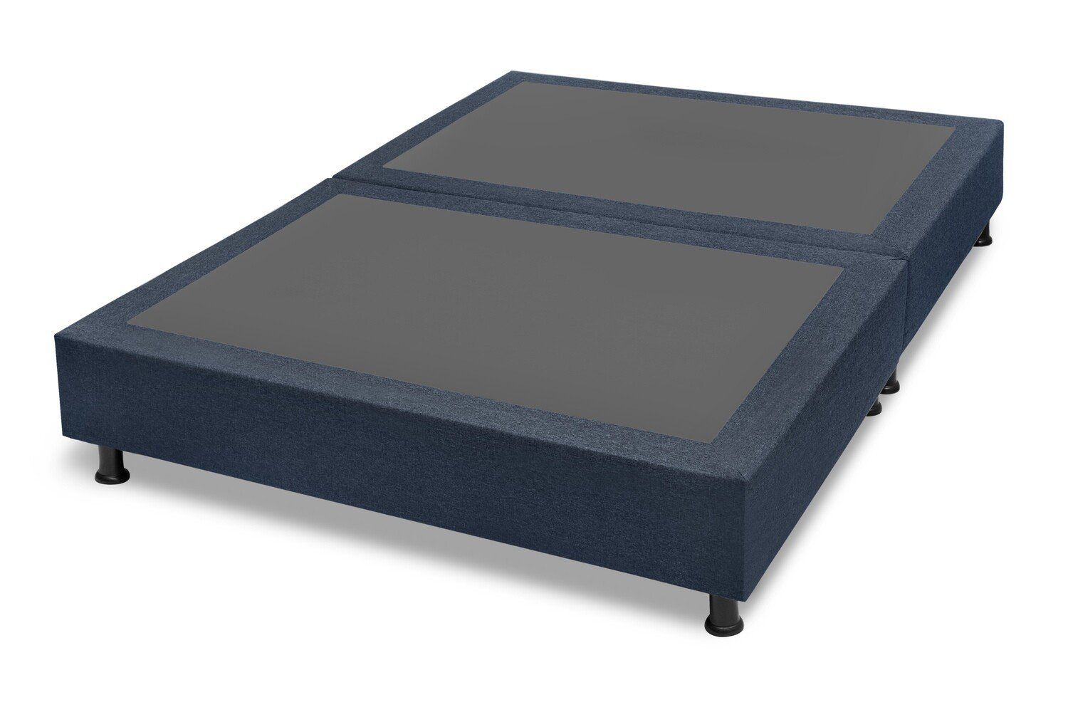 Cama con base dividida, tapizada en azul marino y patas negras.