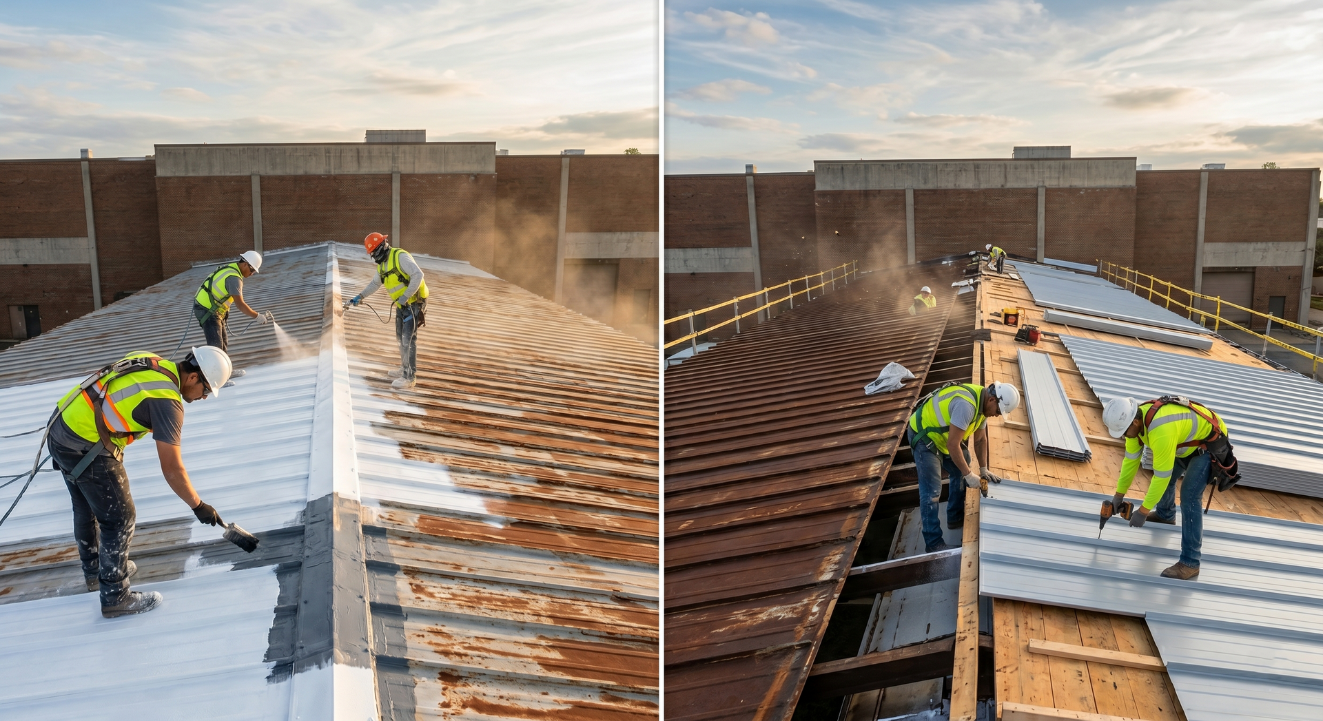 Workers install roofing panels on a large curved stadium roof under construction.