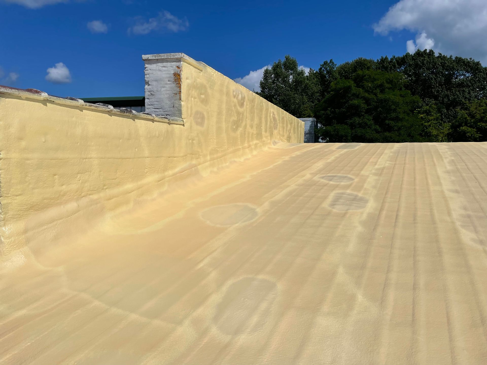 Flat roof with light tan spray foam insulation; brick wall and trees in background.