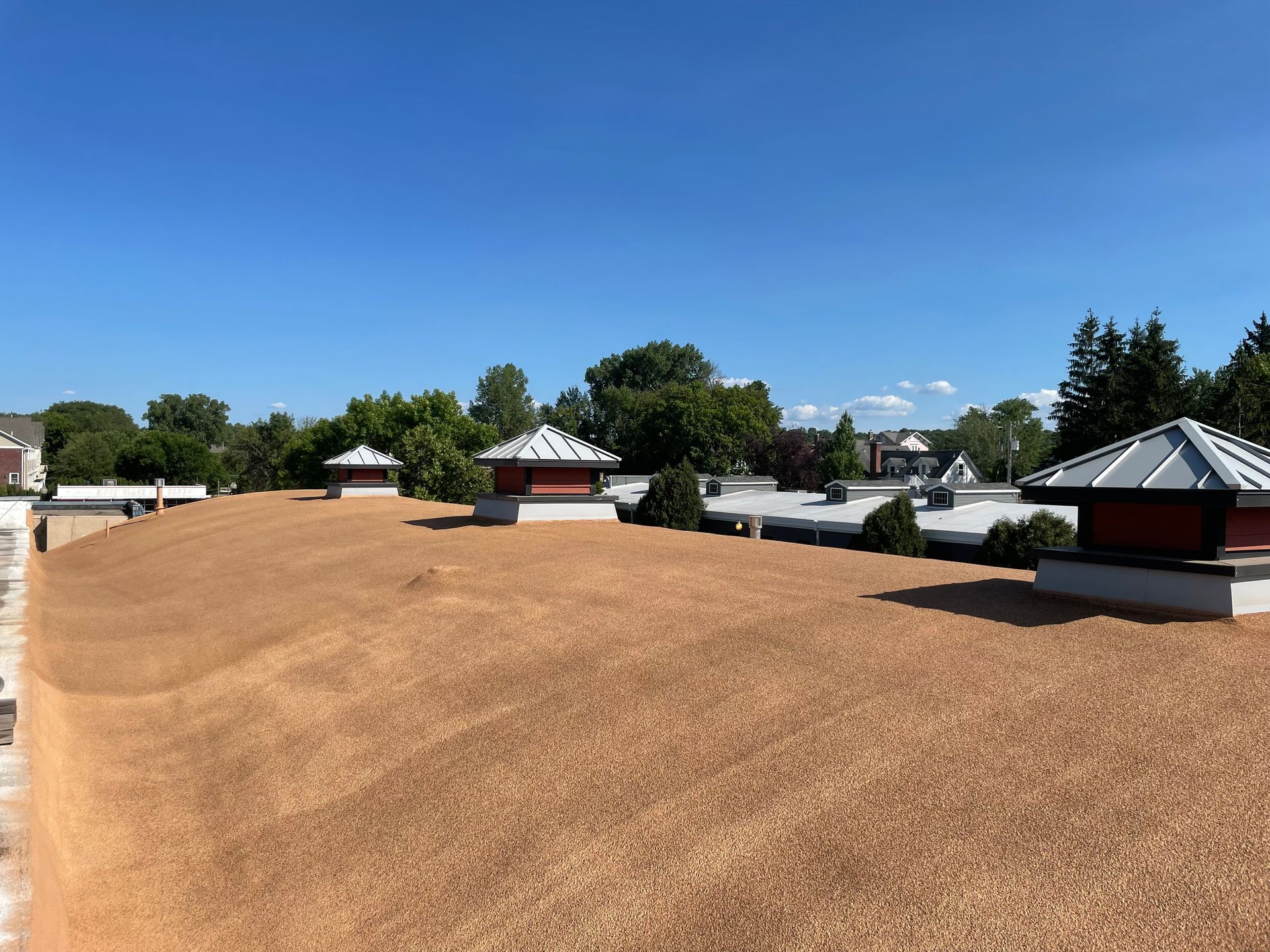 Flat roof covered in light brown material; vents with silver tops, trees and houses in background, blue sky.