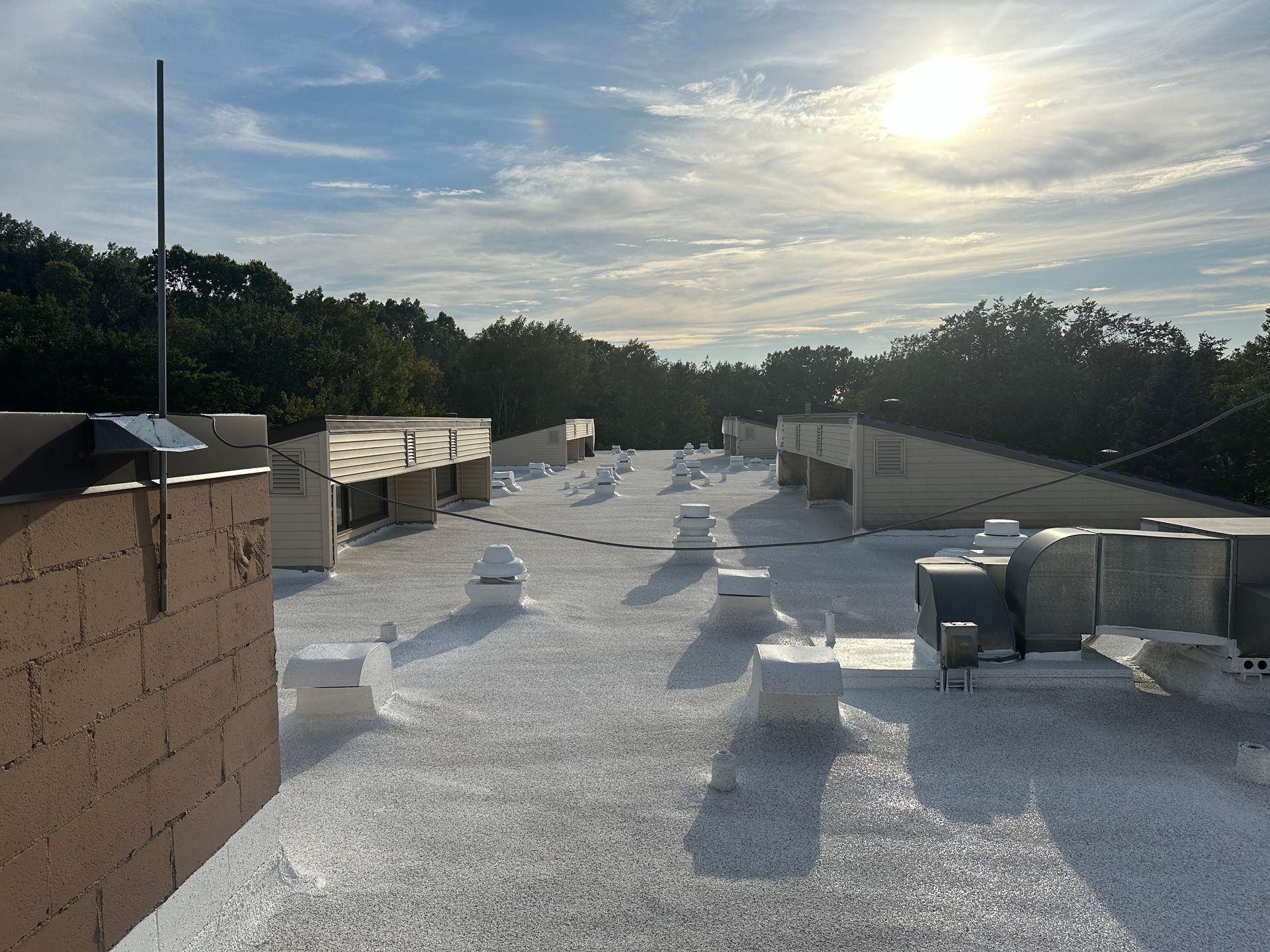 Flat roof with white coating, vents, and air conditioning units. Sunny day, trees in background.
