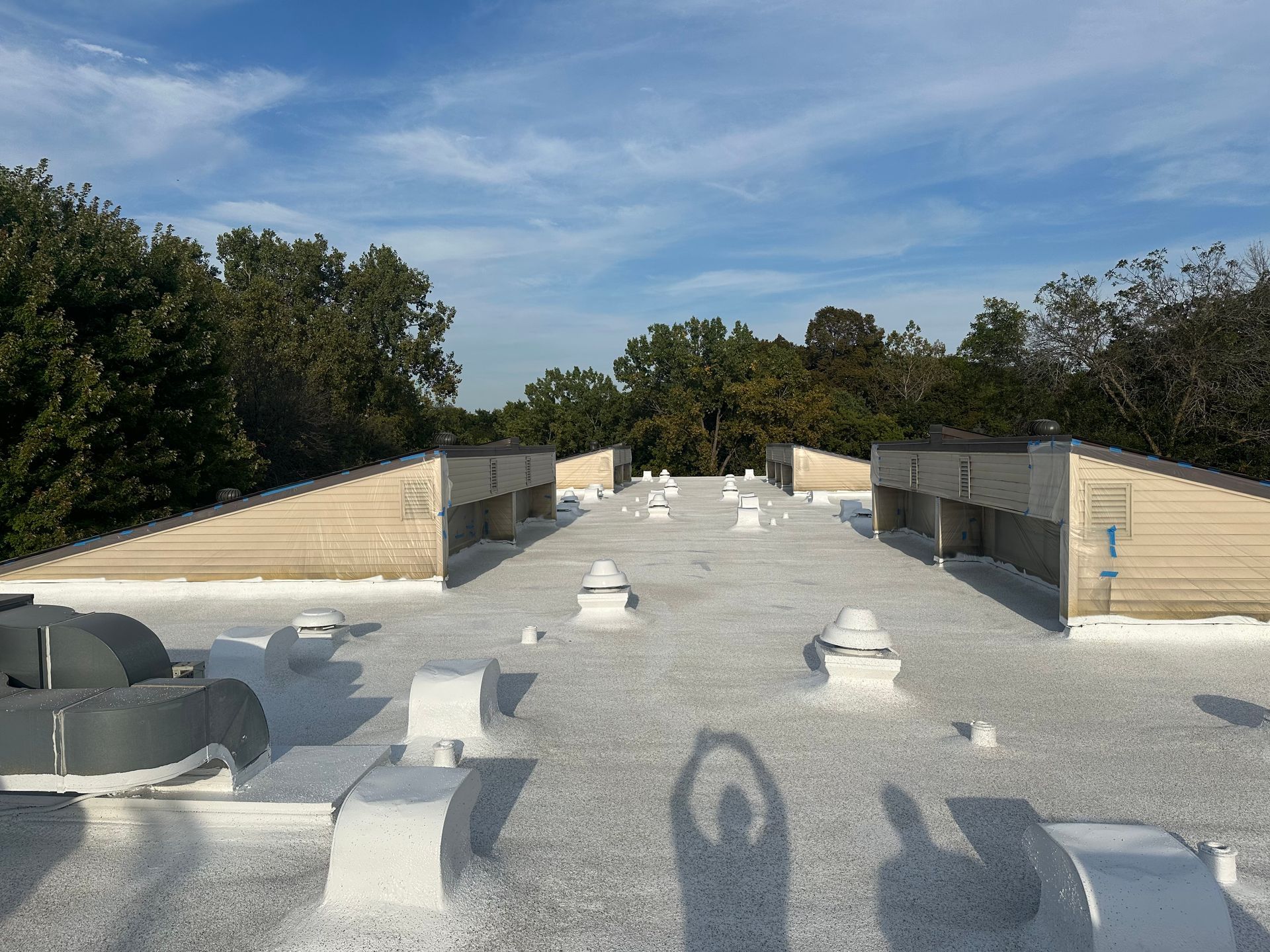 View of a flat roof with vents and architectural features, trees in the background, blue sky.
