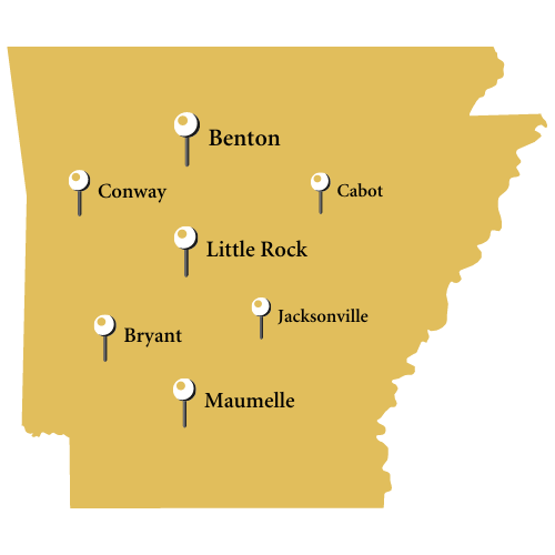 A map of arkansas showing the locations of benton little rock bryant and maumette