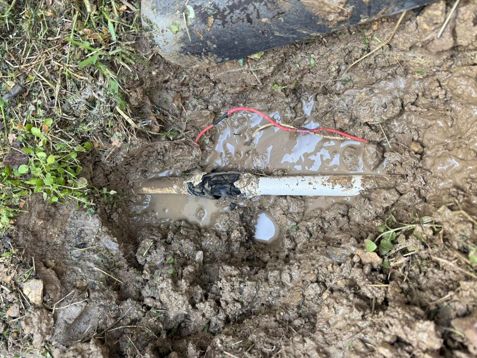 A sprinkler head in muddy ground with exposed wires and a shoe.
