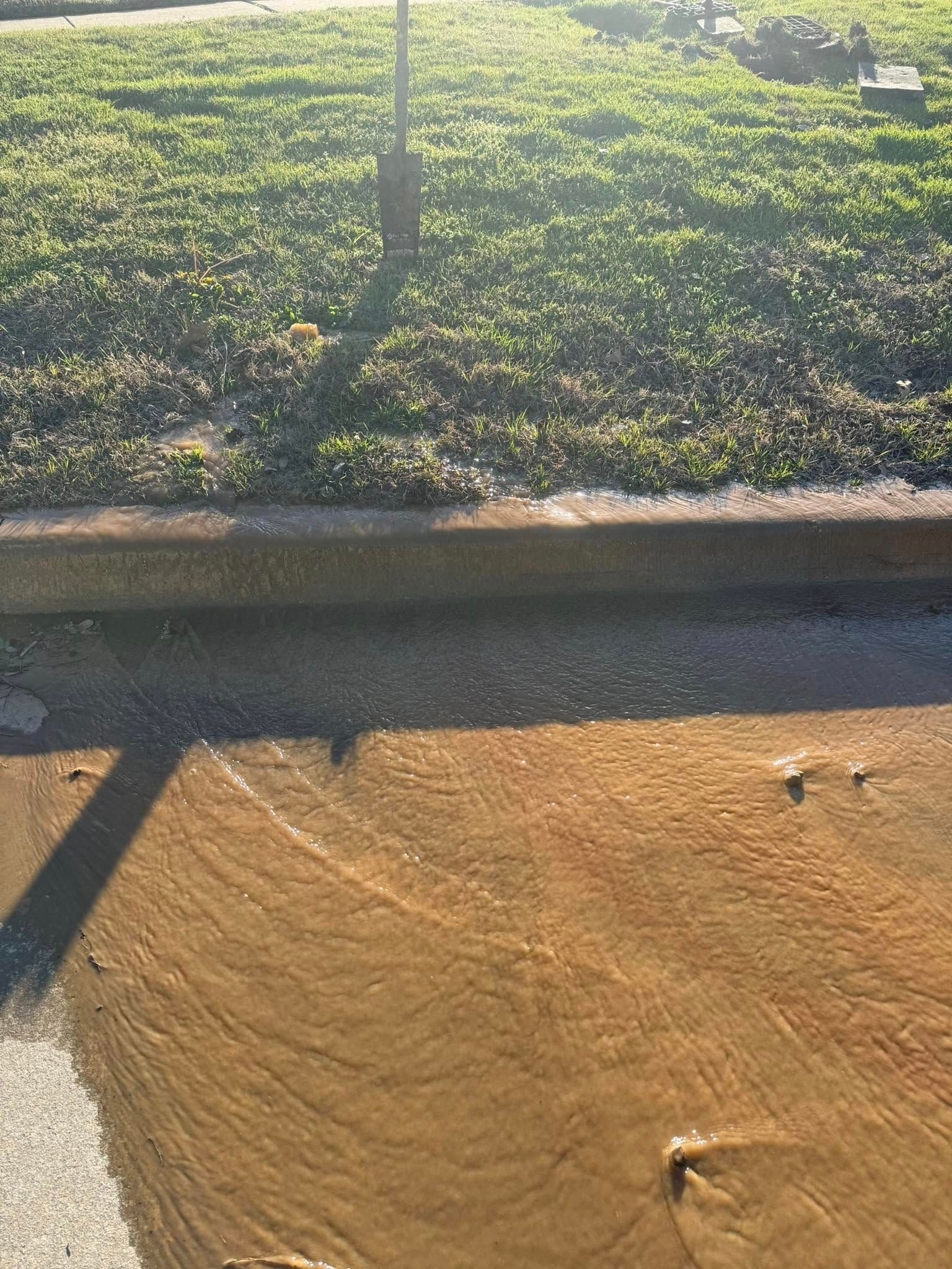 Brown muddy water flowing over a curb and onto concrete, with green grass in the background.