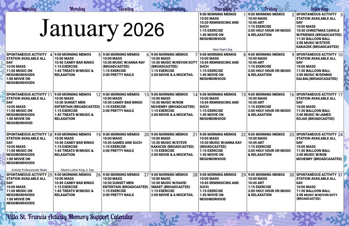 Memory Support Calendar