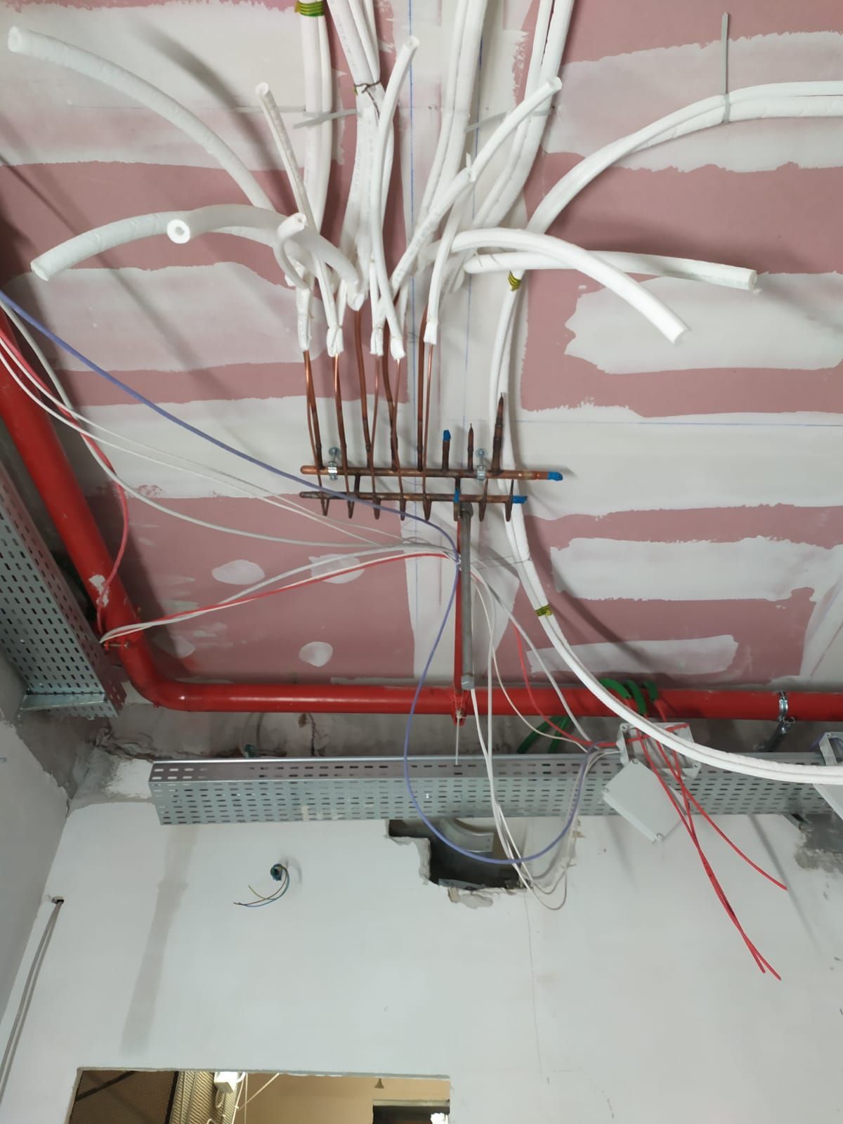 Un mucchio di fili pendono dal soffitto di un edificio