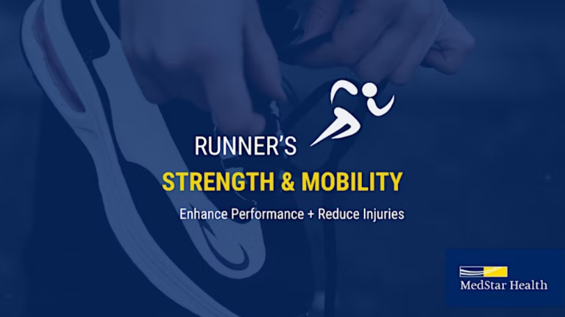 runner tying a running shoe with text - runners strength and mobility, enhance performance and reduce injuries