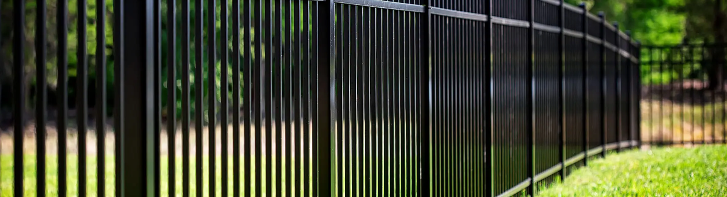 A metal fence surrounds a grassy field with trees in the background.