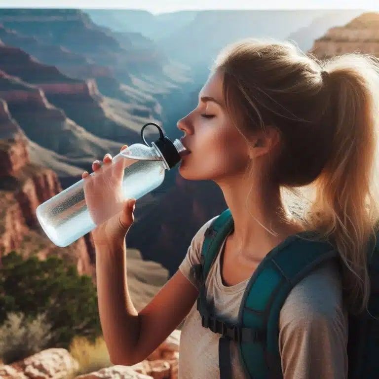 A woman drinking water from a bottle with mountains in the background