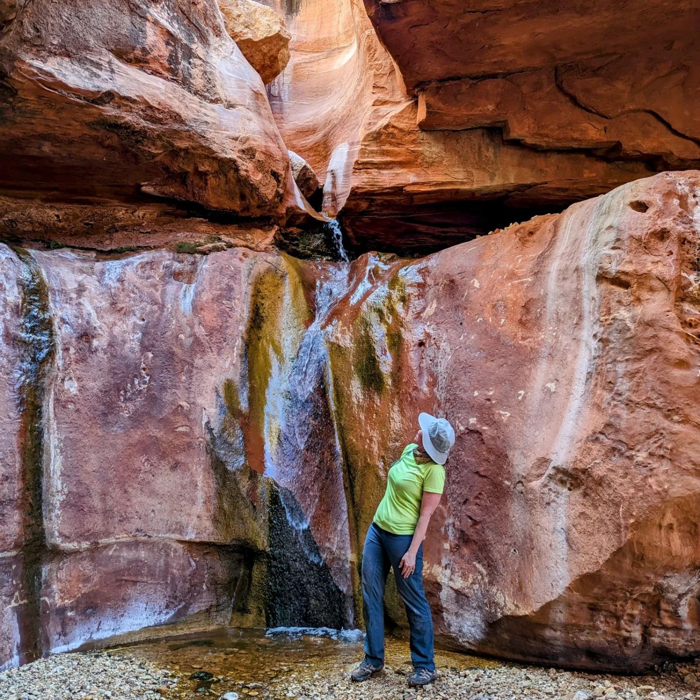 A woman is standing in front of a waterfall in a canyon.