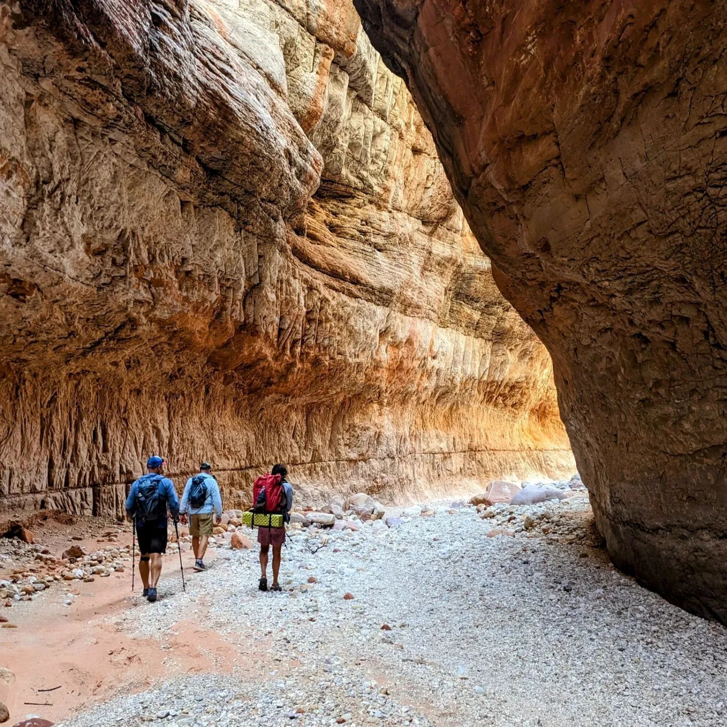 A group of people are walking through a canyon.