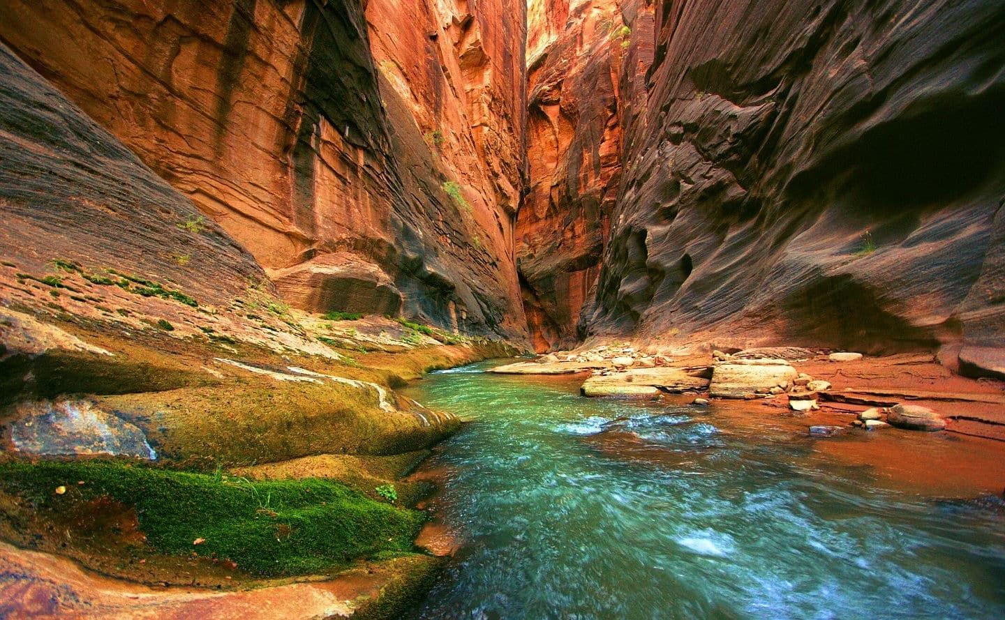 A river flowing through a canyon surrounded by rocks and moss.