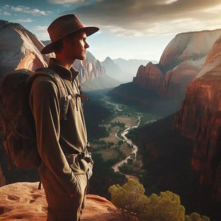 A man with a backpack is standing on top of a mountain